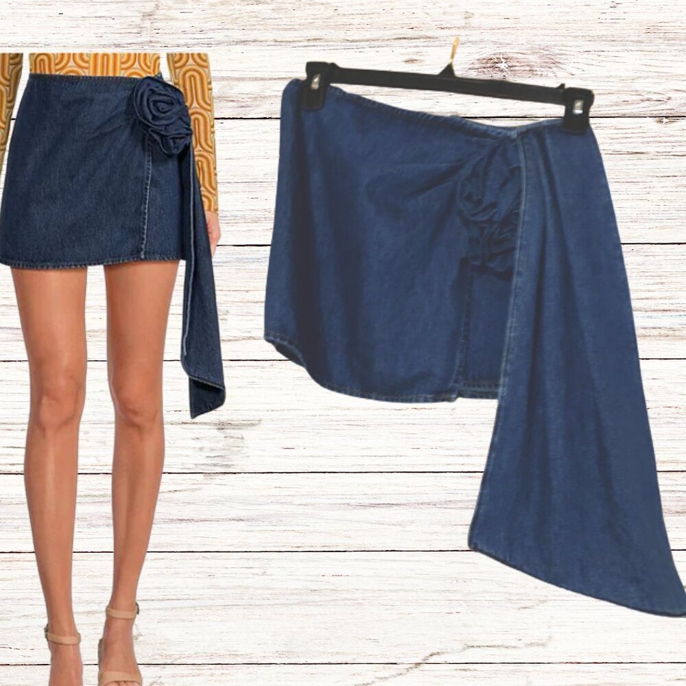 Denim Faux Wrap Skirt Rein Rosette Mini Skirt Juniors Waist 26